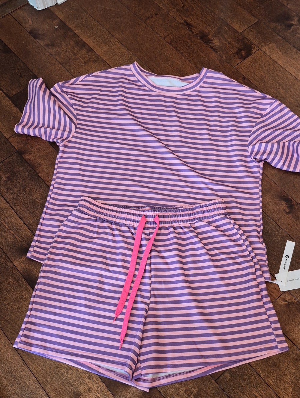 Womens Pink and Purple Striped Short Set - Short Sleeve Top & Shorts Size LG NWT